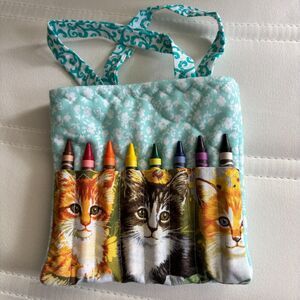 Handcrafted Quilted Kitty Cat 8 Pocket Crayon / Marker/ Pencil Notepad Holder